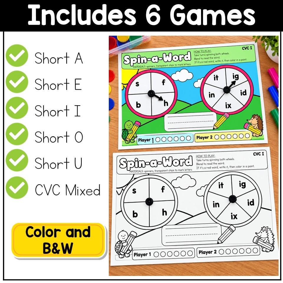 CVC Words Game Phonics Center Spin a Word Short Vowels Kindergarten 1st Grade