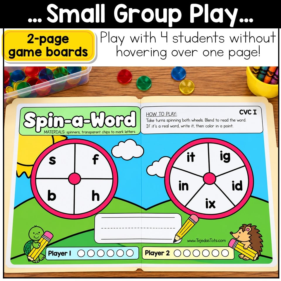 CVC Words Game Phonics Center Spin a Word Short Vowels Kindergarten 1st Grade