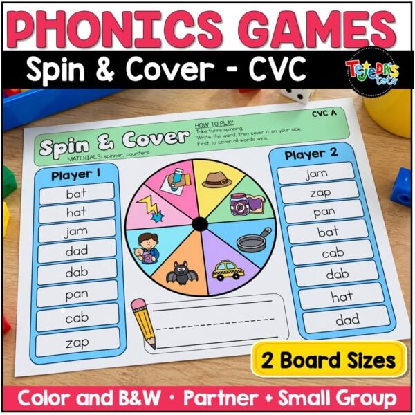 CVC Words Game Phonics Center Spin & Cover Short Vowels Kindergarten 1st Grade - Image 1