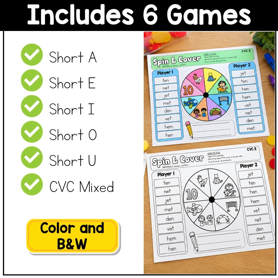 CVC Words Game Phonics Center Spin & Cover Short Vowels Kindergarten 1st Grade