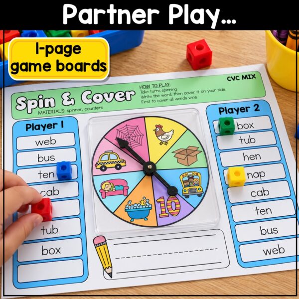 CVC Words Game Phonics Center Spin & Cover Short Vowels Kindergarten 1st Grade - Image 4