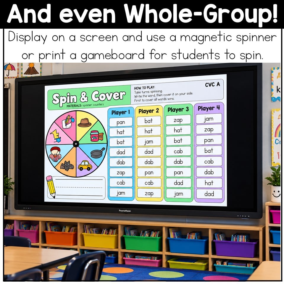 CVC Words Game Phonics Center Spin & Cover Short Vowels Kindergarten 1st Grade