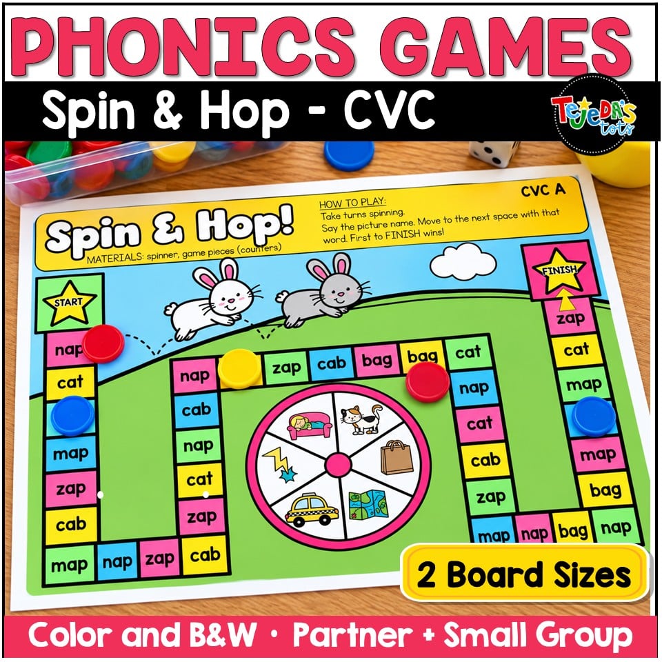 CVC Words Game Phonics Center Spin & Hop Short Vowels Kindergarten 1st Grade