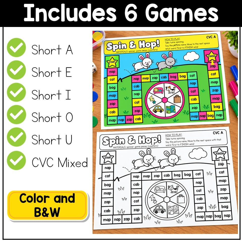 CVC Words Game Phonics Center Spin & Hop Short Vowels Kindergarten 1st Grade
