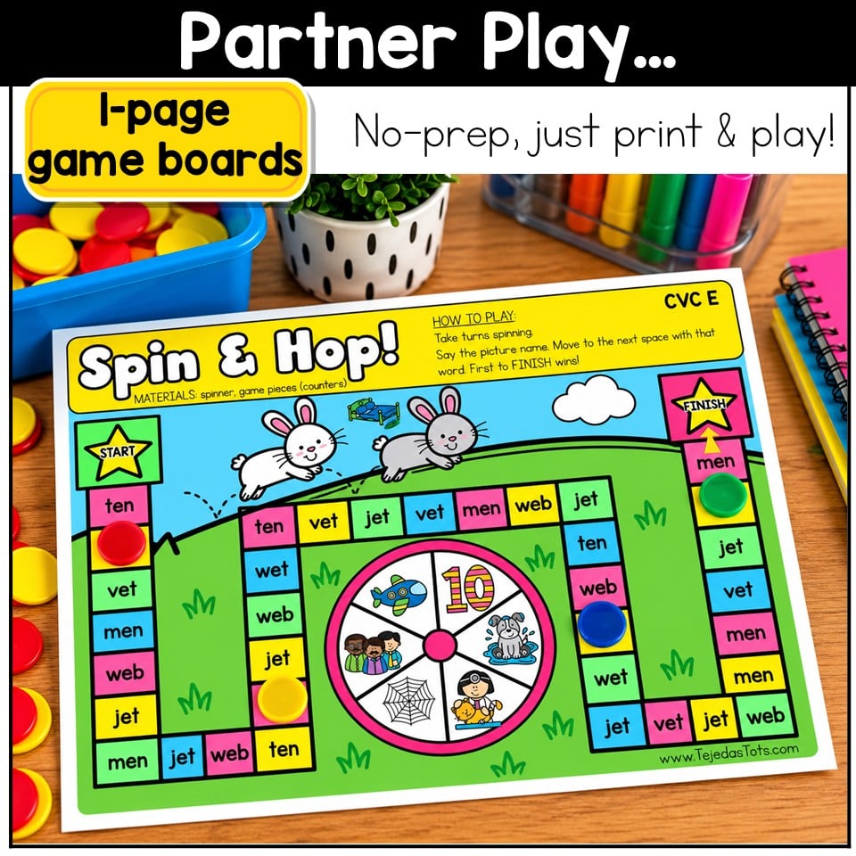CVC Words Game Phonics Center Spin & Hop Short Vowels Kindergarten 1st Grade