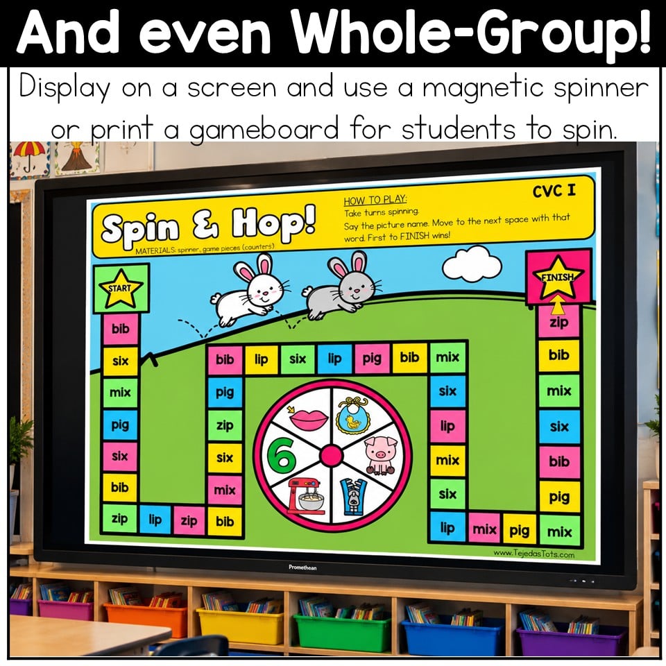CVC Words Game Phonics Center Spin & Hop Short Vowels Kindergarten 1st Grade