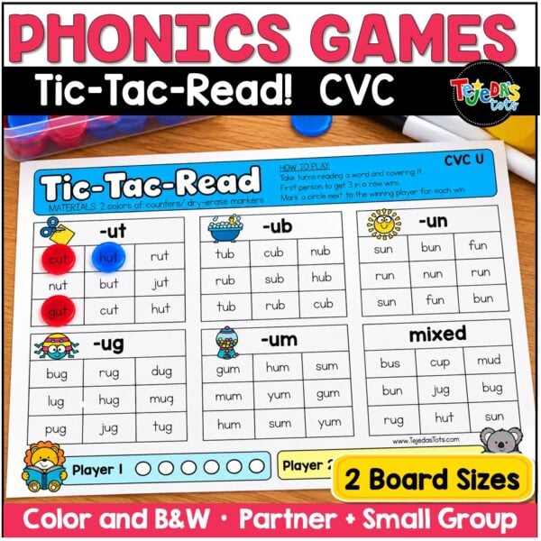 CVC Words Game Phonics Center Tic Tac Toe Short Vowels Kindergarten 1st Grade - Image 1