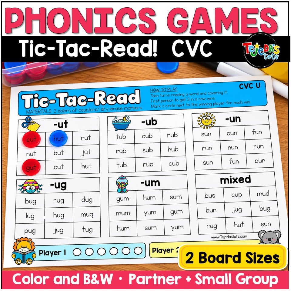 CVC Words Game Phonics Center Tic Tac Toe Short Vowels Kindergarten 1st Grade