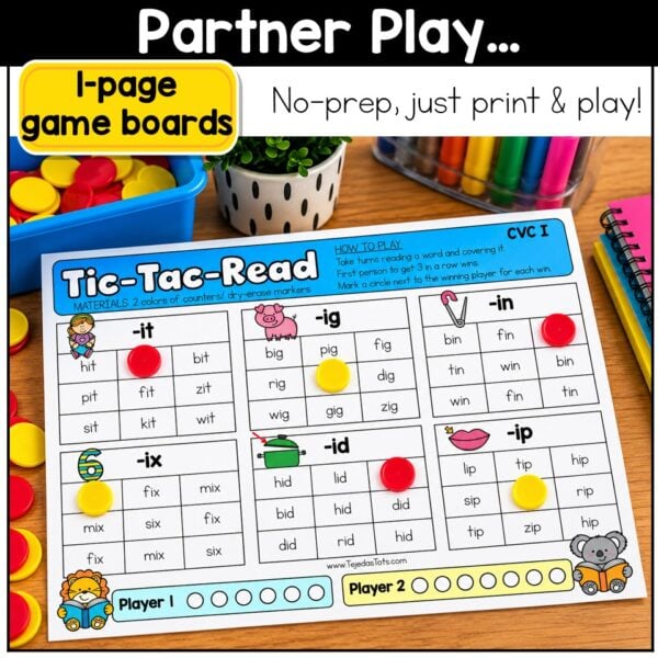 CVC Words Game Phonics Center Tic Tac Toe Short Vowels Kindergarten 1st Grade - Image 3