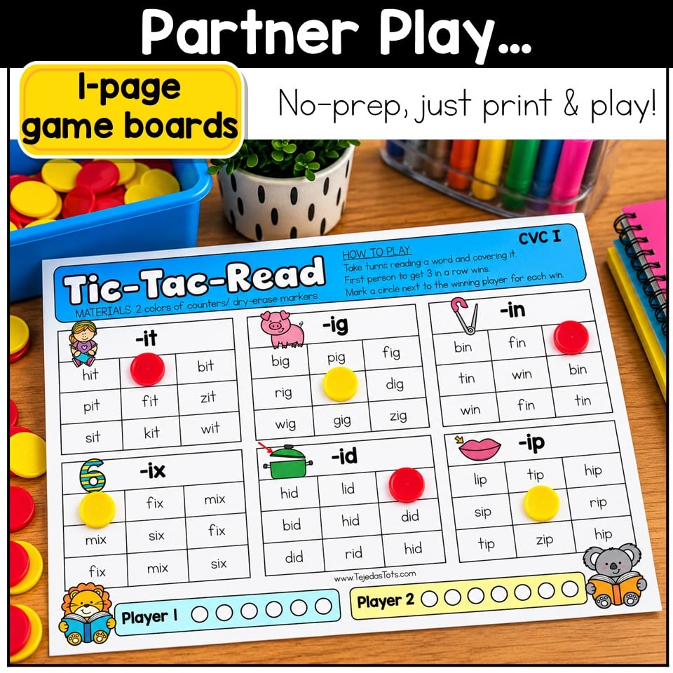CVC Words Game Phonics Center Tic Tac Toe Short Vowels Kindergarten 1st Grade