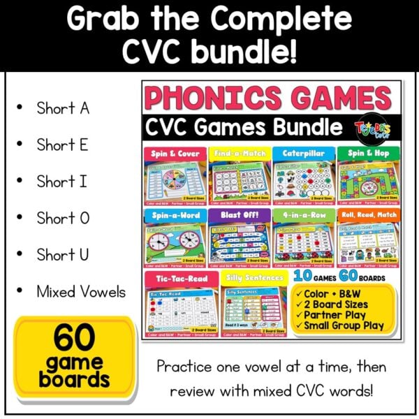 CVC Words Game Phonics Center Tic Tac Toe Short Vowels Kindergarten 1st Grade - Image 7