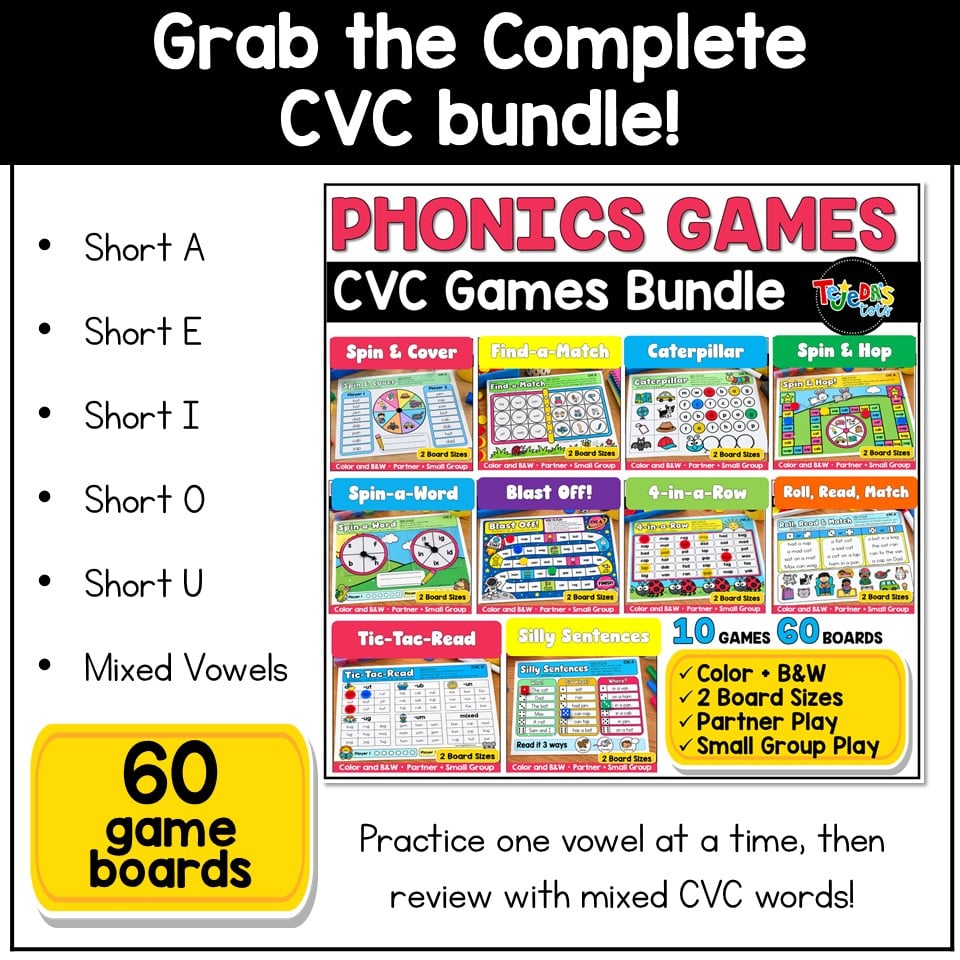 CVC Words Game Phonics Center Blast Off Short Vowels Kindergarten 1st Grade