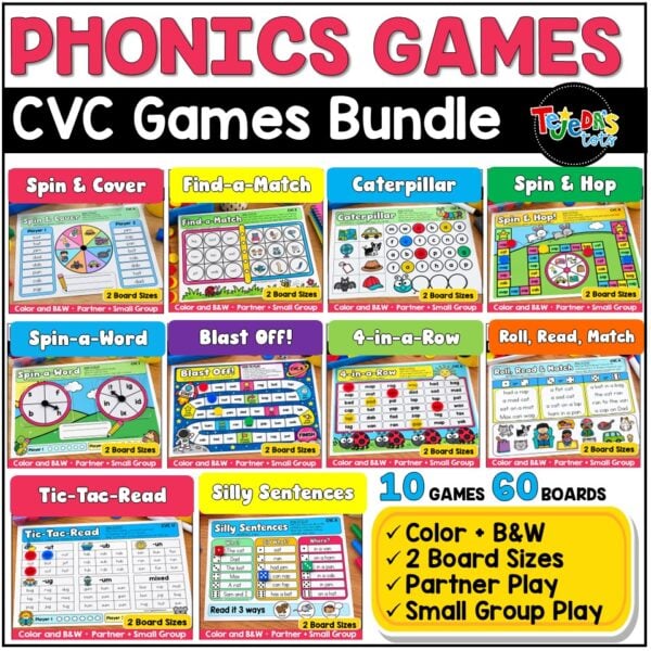 CVC Word Games Bundle Phonics Centers Short Vowels Kindergarten 1st Grade - Image 1