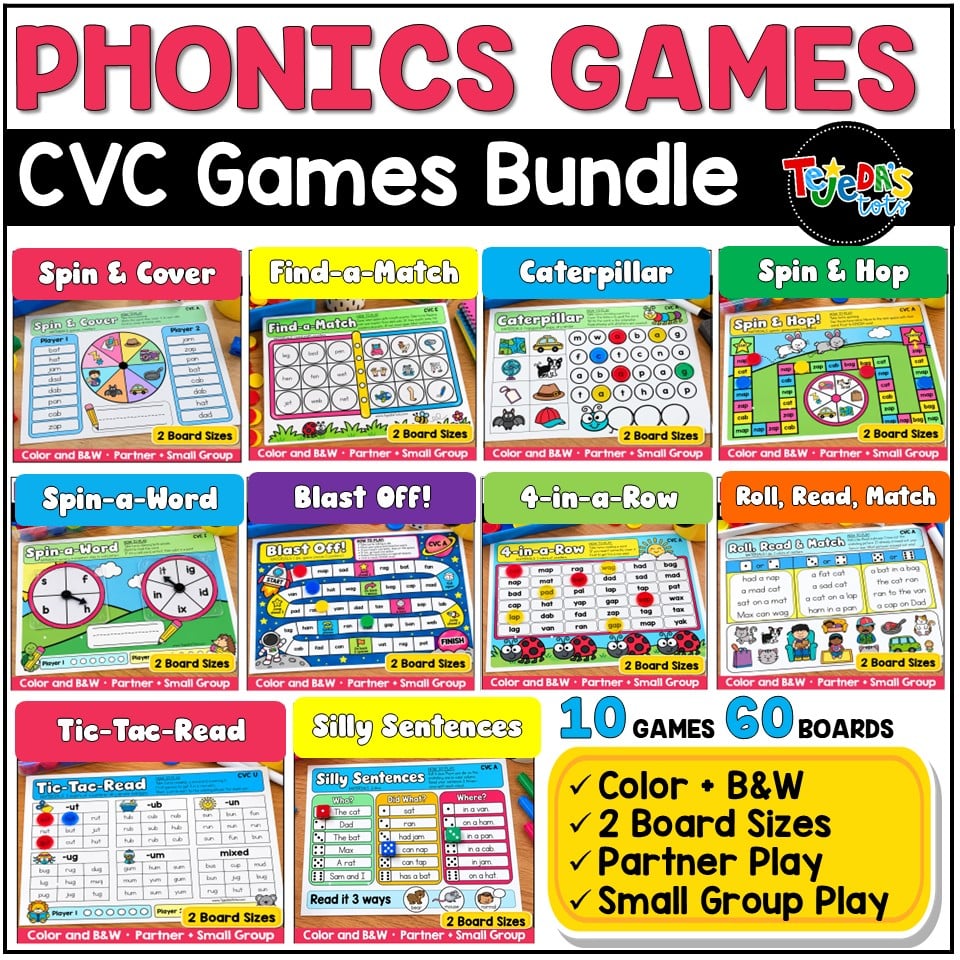 CVC Word Games Bundle Phonics Centers Short Vowels Kindergarten 1st Grade